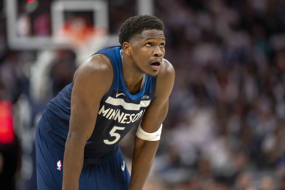 Oct 26, 2024; Minneapolis, Minnesota, USA; Minnesota Timberwolves guard Anthony Edwards (5) looks on against the Toronto Raptors in the second half at Target Center. Mandatory Credit: Jesse Johnson-Imagn Images