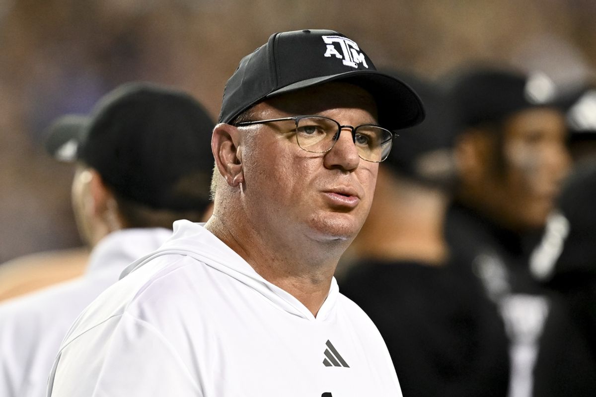 Oct 26, 2024; College Station, Texas, USA; Texas A&M Aggies head coach Mike Elko reacts to a call in the third quarter against the LSU Tigers at Kyle Field. Mandatory Credit: Maria Lysaker-Imagn Images.