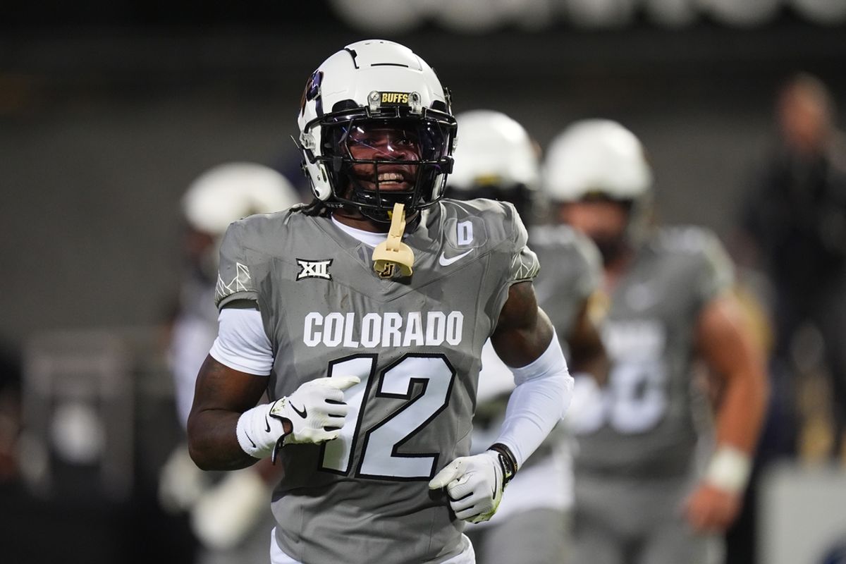 Oct 26, 2024; Boulder, Colorado, USA; Colorado Buffaloes wide receiver Travis Hunter (12) reacts after touchdown reception in the first quarter against the Cincinnati Bearcats at Folsom Field. Mandatory Credit: Ron Chenoy-Imagn Images
