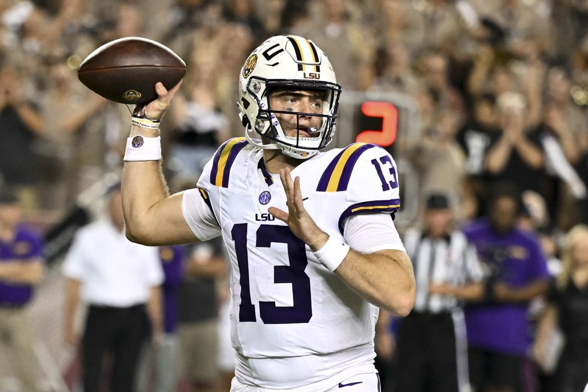Oct 26, 2024; College Station, Texas, USA; LSU Tigers quarterback Garrett Nussmeier (13) looks to pass the ball in the fourth quarter against the Texas A&M Aggies at Kyle Field. Mandatory Credit: Maria Lysaker-Imagn Images.
