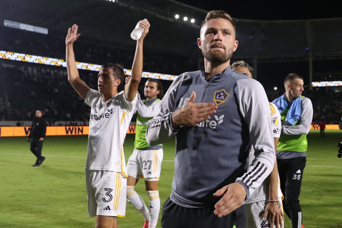 Oct 26, 2024; Carson, California, USA; Los Angeles Galaxy defender Eriq Zavaleta (15) celebrates defeating the Colorado Rapids in a 2024 MLS Cup Playoffs Round One match at Dignity Health Sports Park. Mandatory Credit: Bailey Holiver-Imagn Images