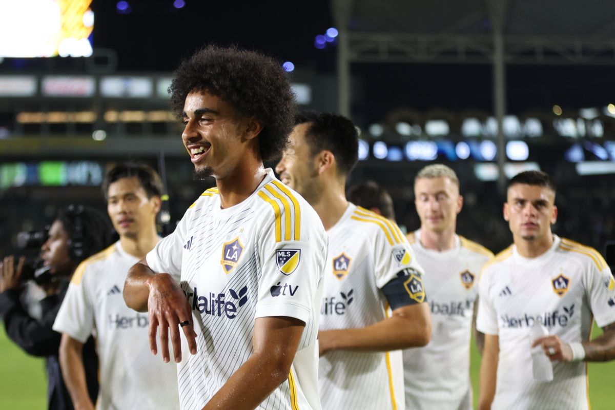 Oct 26, 2024; Carson, California, USA; Los Angeles Galaxy defender Jalen Neal (24) celebrates defeating the Colorado Rapids in a 2024 MLS Cup Playoffs Round One match at Dignity Health Sports Park. Mandatory Credit: Bailey Holiver-Imagn Images