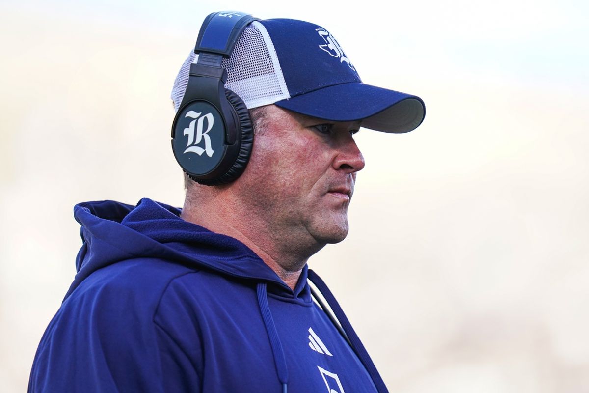 Oct 26, 2024; East Hartford, Connecticut, USA;  Rice Owls head coach Mike Bloomgren watches from the sideline as they take on the Connecticut Huskies at Rentschler Field at Pratt & Whitney Stadium. Mandatory Credit: David Butler II-Imagn Images