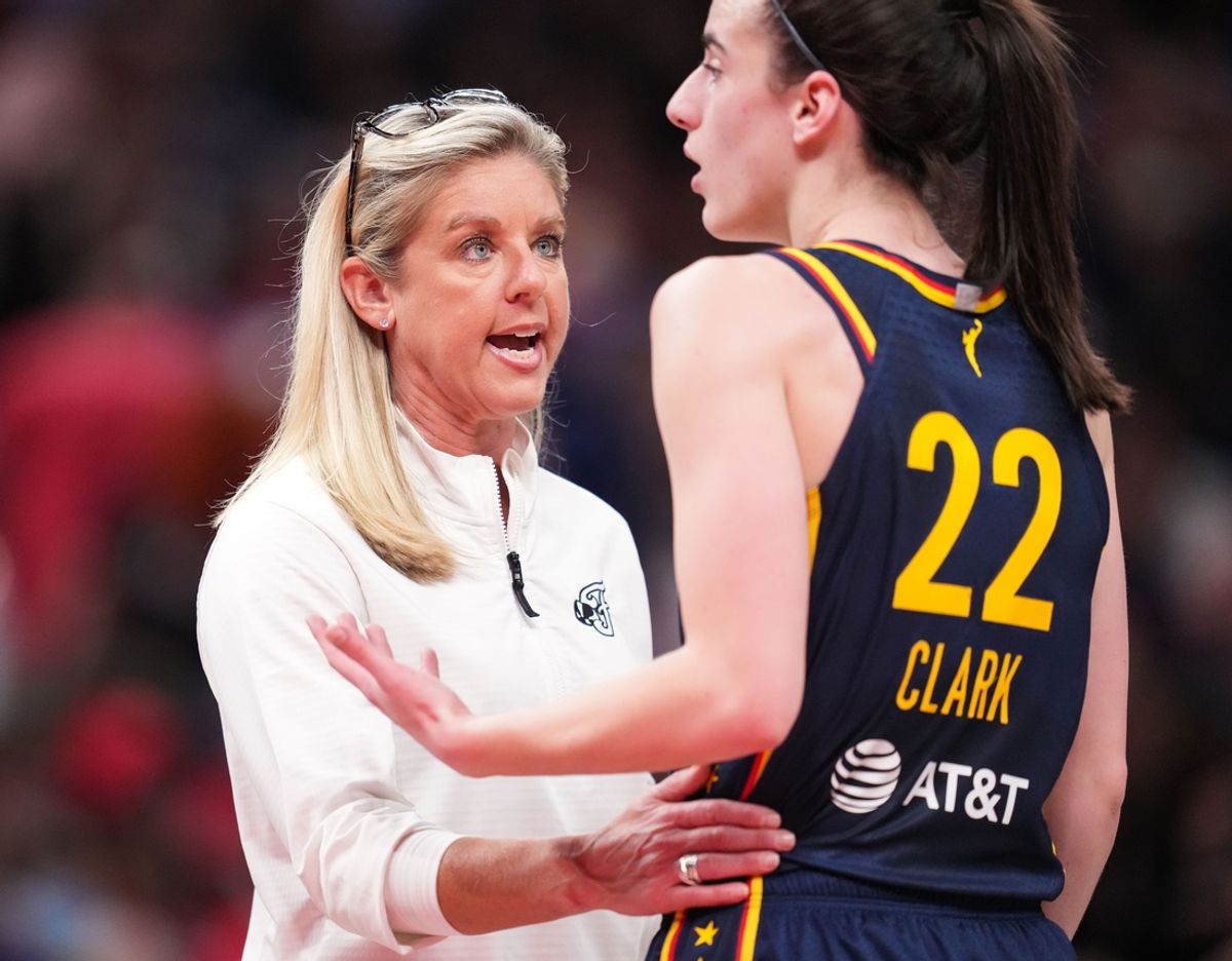 Indiana Fever head coach Christie Sides talks to guard Caitlin Clark during a May 28, 2024 game against the Los Angeles Sparks.