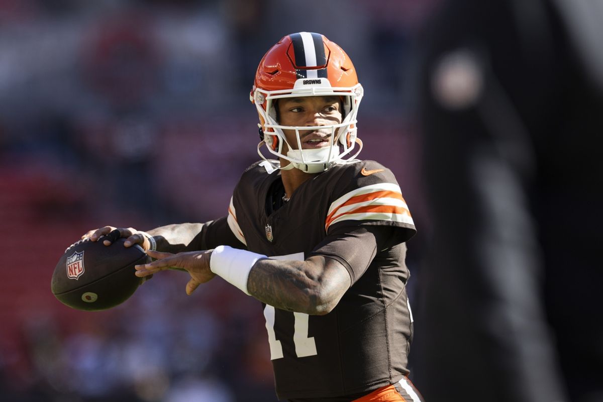 Oct 27, 2024; Cleveland, Ohio, USA; Cleveland Browns quarterback Dorian Thompson-Robinson (17) throws the ball during warm ups before the game against the Baltimore Ravens at Huntington Bank Field. Mandatory Credit: Scott Galvin-Imagn Images