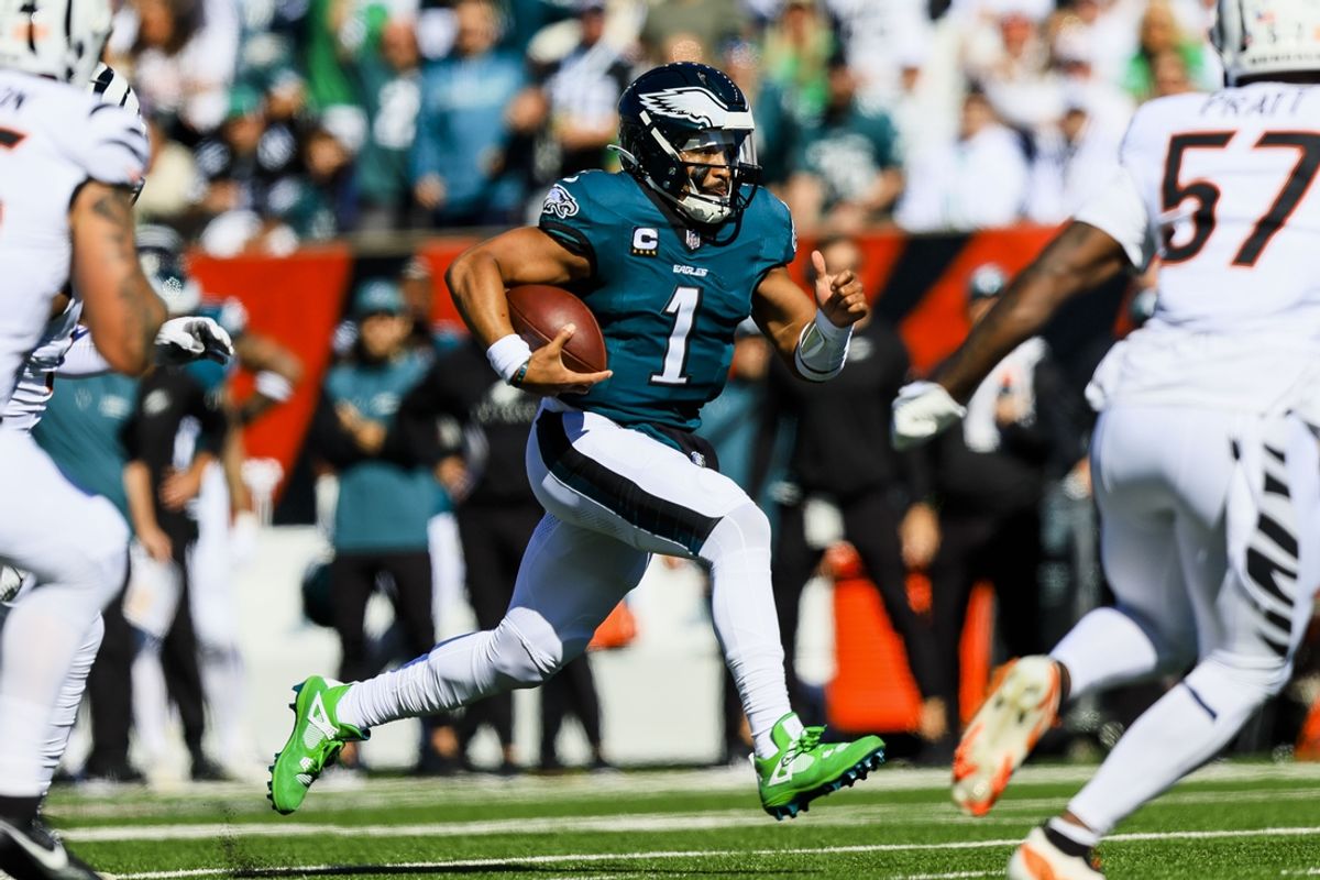 Oct 27, 2024; Cincinnati, Ohio, USA; Philadelphia Eagles quarterback Jalen Hurts (1) runs with the ball against the Cincinnati Bengals in the first half at Paycor Stadium. Mandatory Credit: Katie Stratman-Imagn Images