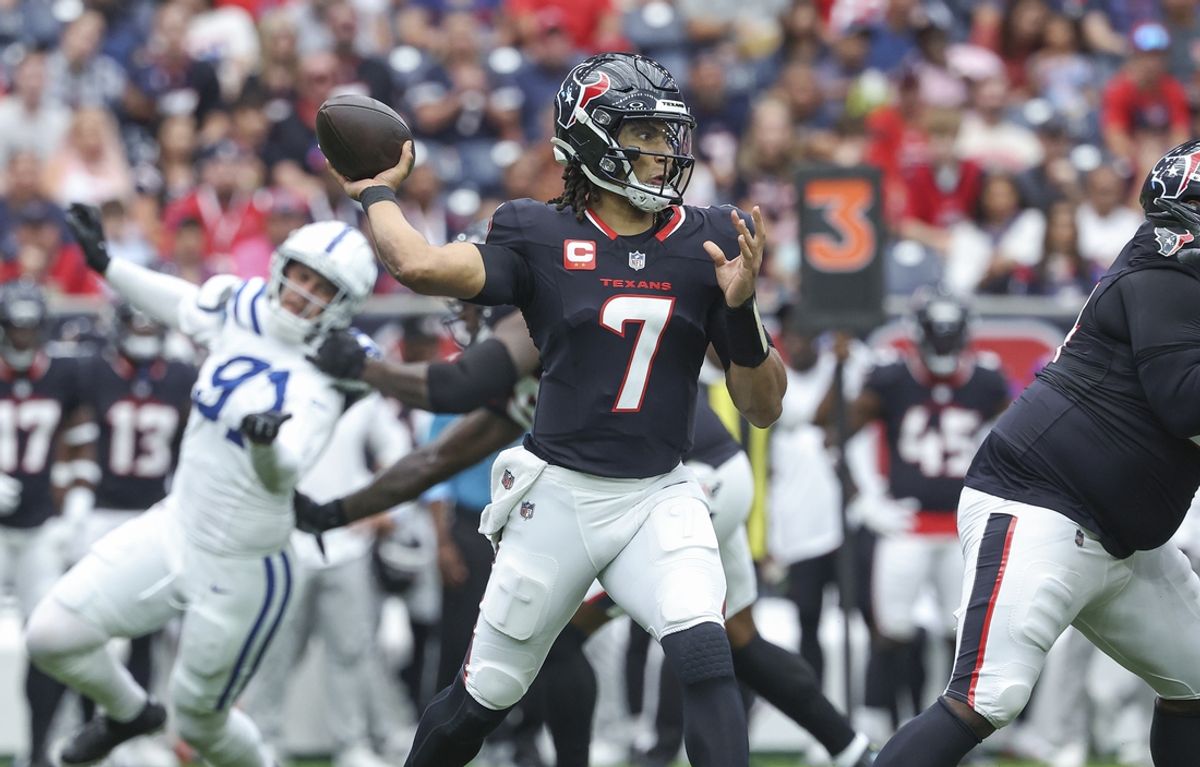Oct 27, 2024; Houston, Texas, USA; Houston Texans quarterback C.J. Stroud (7) attempts a pass during the first quarter against the Indianapolis Colts at NRG Stadium. Mandatory Credit: Troy Taormina-Imagn Images