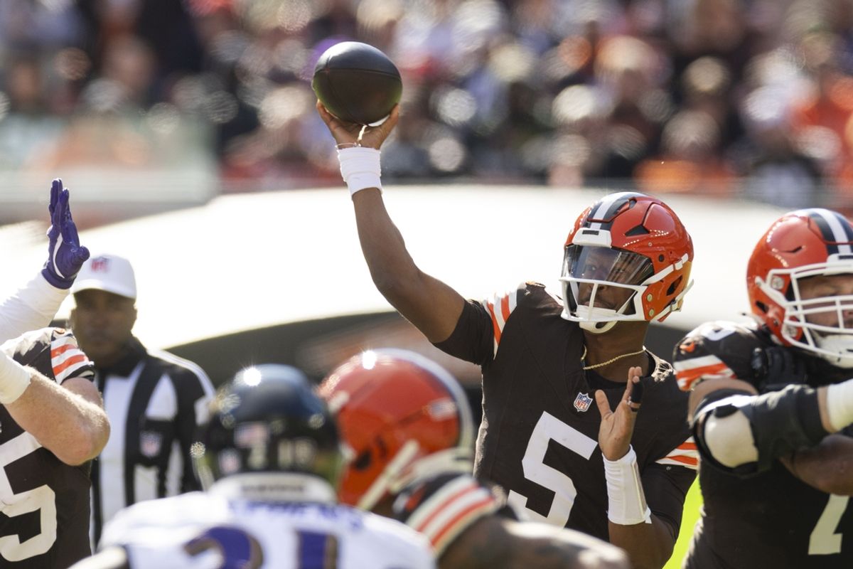 Oct 27, 2024; Cleveland, Ohio, USA; Cleveland Browns quarterback Jameis Winston (5) throws the ball against the Baltimore Ravens during the second quarter at Huntington Bank Field. Mandatory Credit: Scott Galvin-Imagn Images