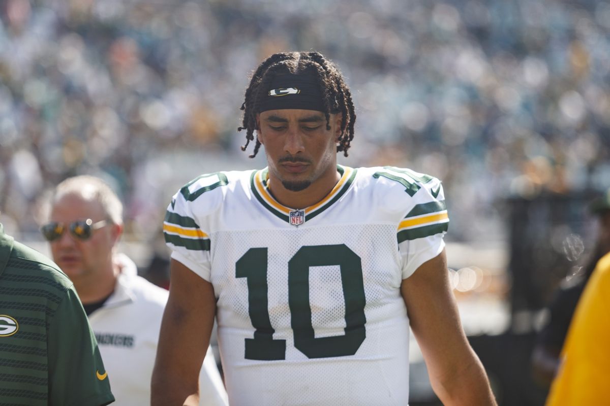 Oct 27, 2024; Jacksonville, Florida, USA; Green Bay Packers quarterback Jordan Love (10) walks into the locker room for half time against the Jacksonville Jaguars at EverBank Stadium. Mandatory Credit: Morgan Tencza-Imagn Images