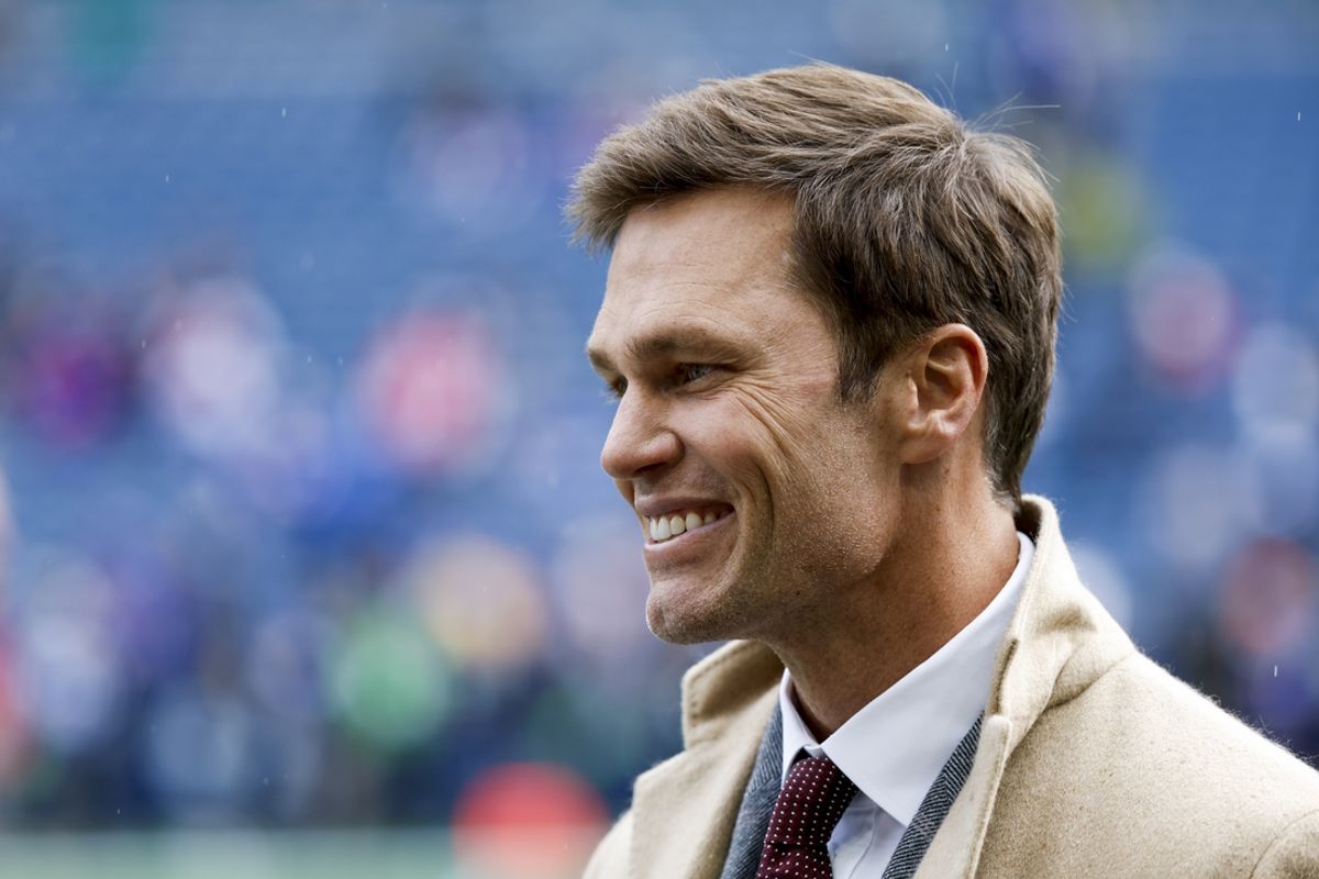 Oct 27, 2024; Seattle, Washington, USA; FOX commentator Tom Brady stands on the sideline before a game between the Seattle Seahawks and Buffalo Bills at Lumen Field. Mandatory Credit: Joe Nicholson-Imagn Images