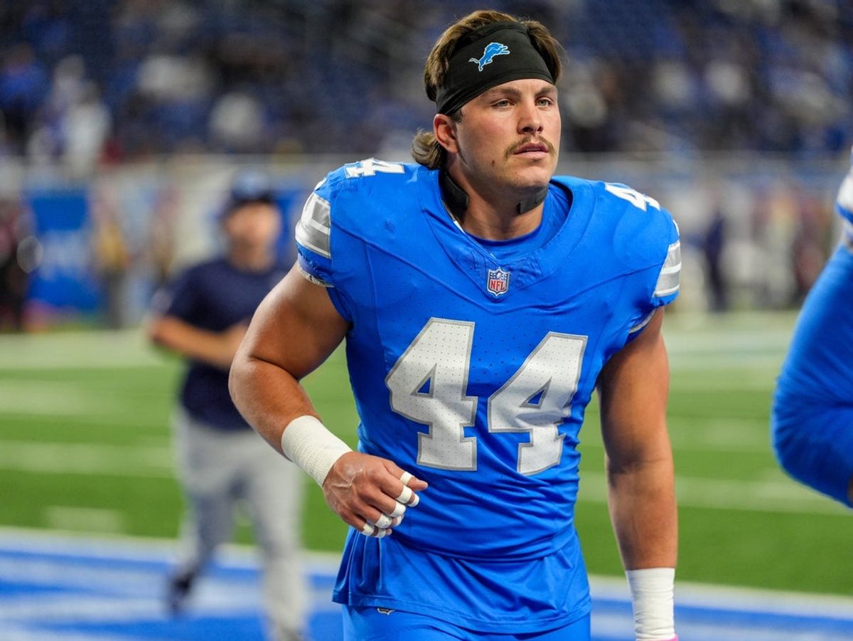 Detroit Lions linebacker Malcolm Rodriguez (44) runs off the field after warm ups during the first quarter of the NFL game at Ford Field in Detroit on Oct. 27, 2024.