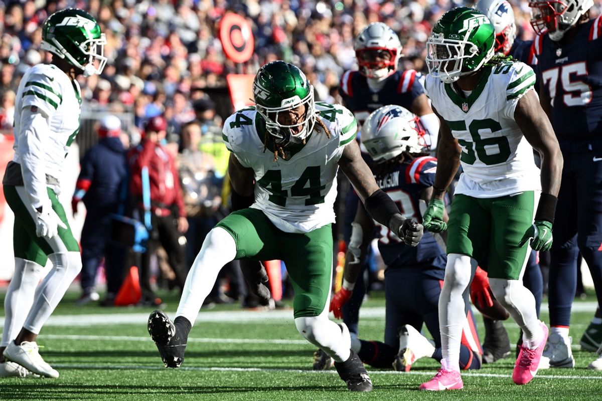 Oct 27, 2024; Foxborough, Massachusetts, USA; New York Jets linebacker Jamien Sherwood (44) reacts after breaking up a pass against the New England Patriots during the second half at Gillette Stadium. Mandatory Credit: Brian Fluharty-Imagn Images