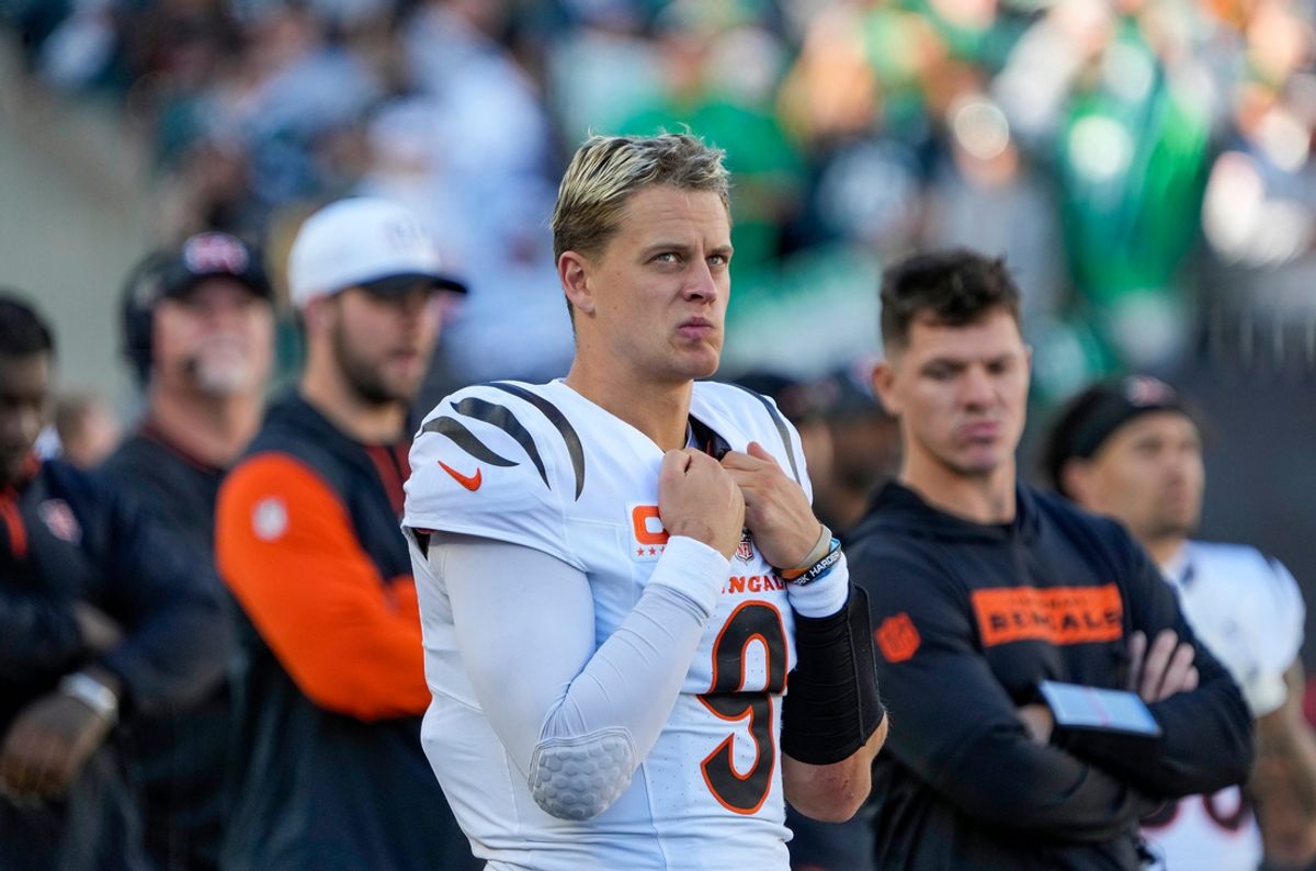 Cincinnati Bengals quarterback Joe Burrow (9) stands on the sidelines after throwing an interception in the 4th quarter at Paycor Stadium on Sunday, October 27, 2024. The Bengals lost to the Philadelphia Eagles 37-17 and remain winless at home.