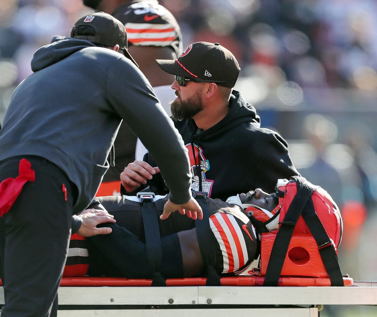 Cleveland Browns linebacker Jeremiah Owusu-Koramoah (6) is hauled off on a stretcher during the second half of an NFL football game against the Baltimore Ravens at Huntington Bank Field, Sunday, Oct. 27, 2024, in Cleveland, Ohio.