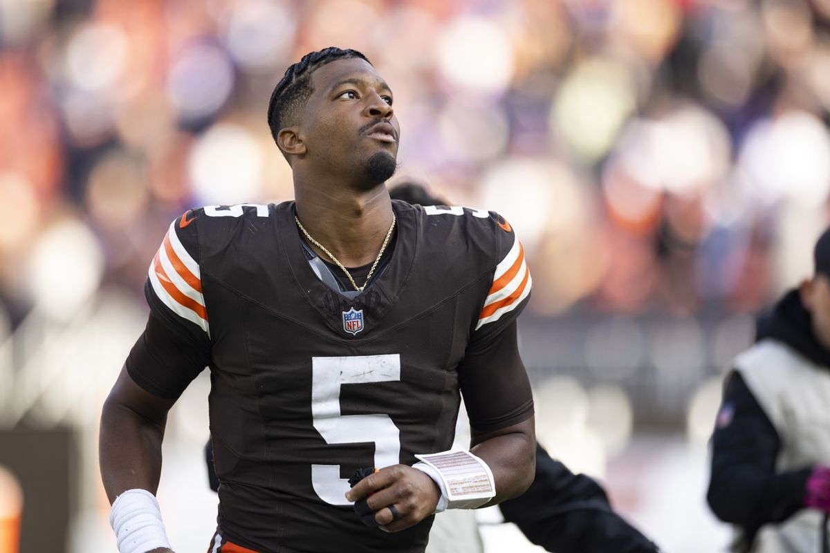 Oct 27, 2024; Cleveland, Ohio, USA; Cleveland Browns quarterback Jameis Winston (5) runs back to the locker room after defeating the Baltimore Ravens at Huntington Bank Field. Mandatory Credit: Scott Galvin-Imagn Images