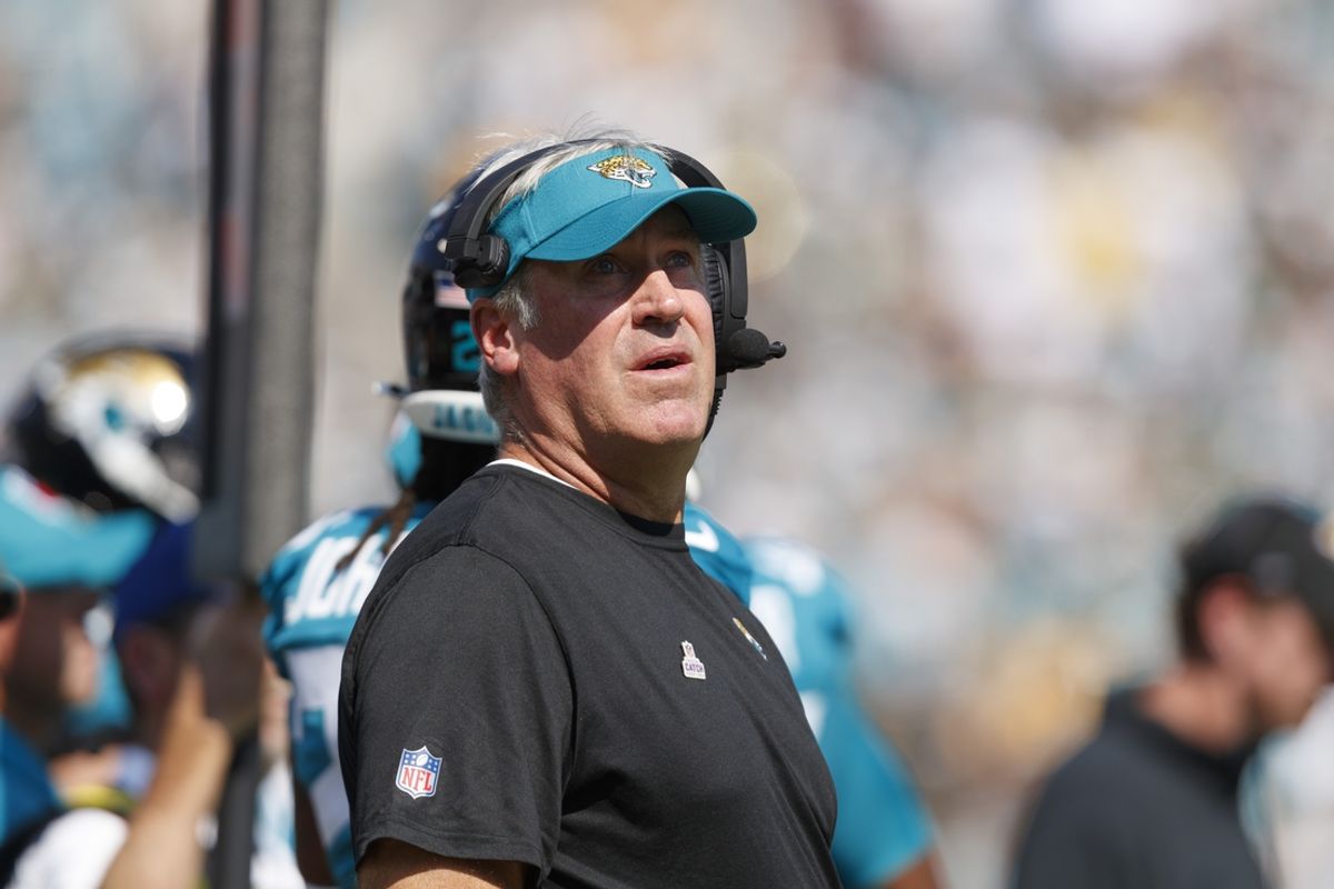Oct 27, 2024; Jacksonville, Florida, USA; Jacksonville Jaguars head coach Doug Pederson watches a replay against the Green Bay Packers during the first quarter at EverBank Stadium. Mandatory Credit: Morgan Tencza-Imagn Images