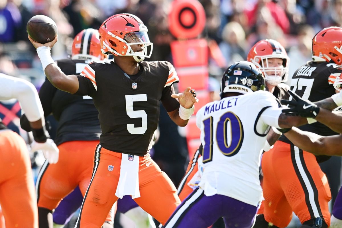 Oct 27, 2024; Cleveland, Ohio, USA; Cleveland Browns quarterback Jameis Winston (5) throws a pass during the second half against the Baltimore Ravens at Huntington Bank Field. Mandatory Credit: Ken Blaze-Imagn Images