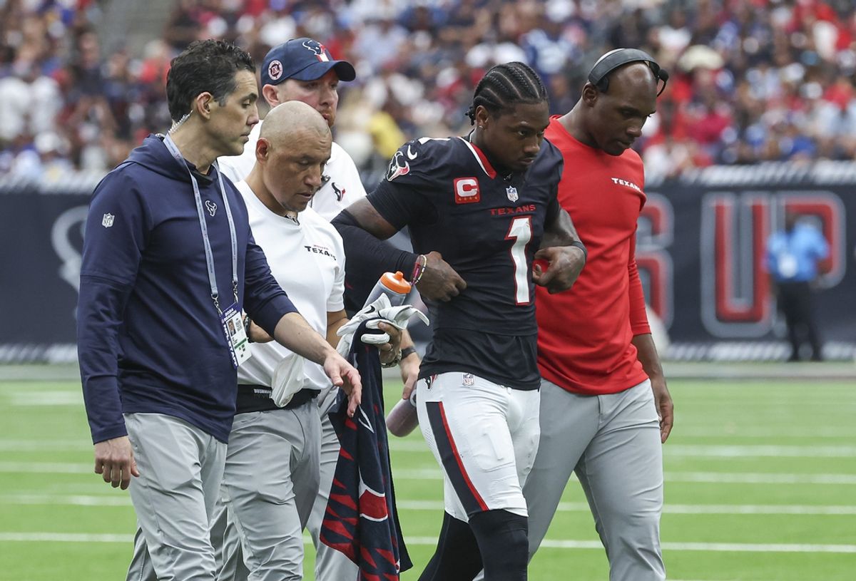 Oct 27, 2024; Houston, Texas, USA; Houston Texans wide receiver Stefon Diggs (1) walks off the field after an apparent injury during the third quarter against the Indianapolis Colts at NRG Stadium. Mandatory Credit: Troy Taormina-Imagn Images