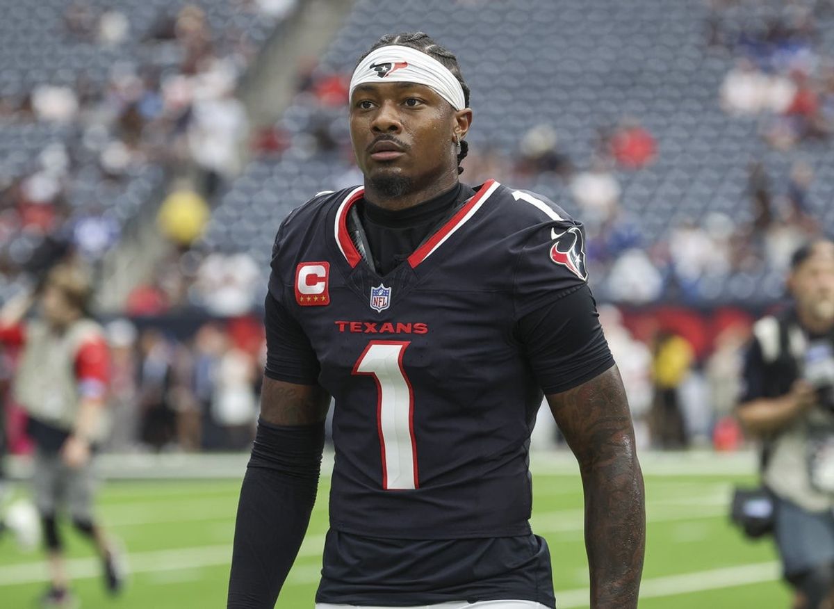 Oct 27, 2024; Houston, Texas, USA; Houston Texans wide receiver Stefon Diggs (1) walks towards the sideline before the game against the Indianapolis Colts at NRG Stadium. Mandatory Credit: Troy Taormina-Imagn Images