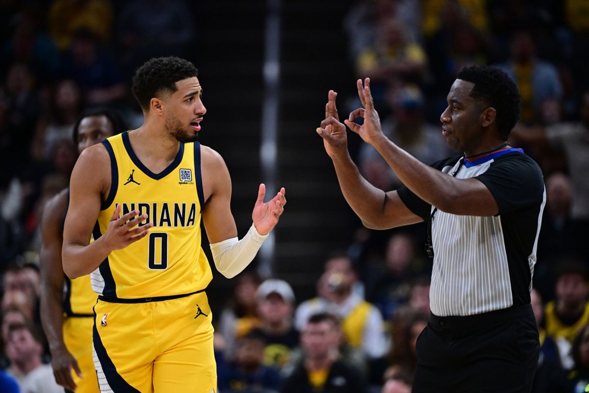 Oct 27, 2024; Indianapolis, Indiana, USA; Indiana Pacers guard Tyrese Haliburton (0) reacts to a call during the second half against the Philadelphia 76ers at Gainbridge Fieldhouse. Mandatory Credit: Marc Lebryk-Imagn Images