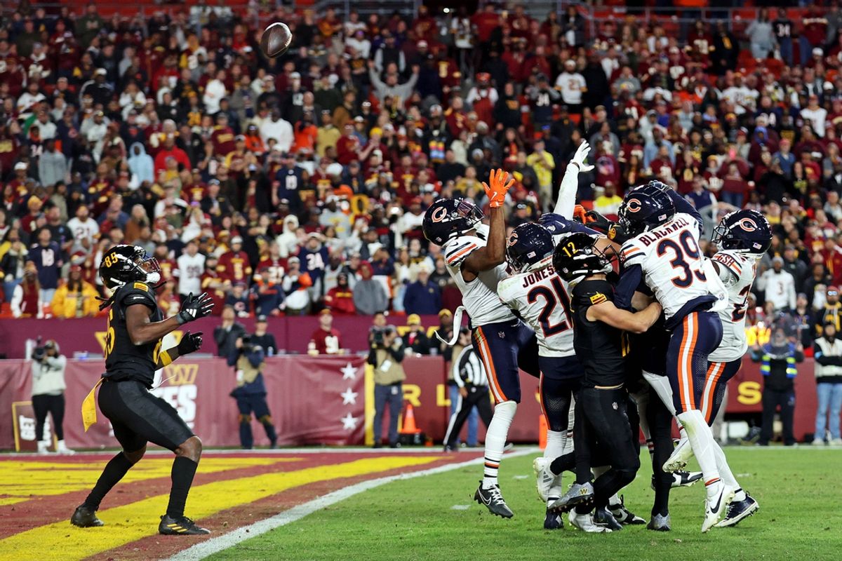 Oct 27, 2024; Landover, Maryland, USA; Washington Commanders wide receiver Noah Brown (85) catches a Hail Mary pass that was tipped with no time left to beat the Chicago Bears at Commanders Field. Mandatory Credit: Peter Casey-Imagn Images