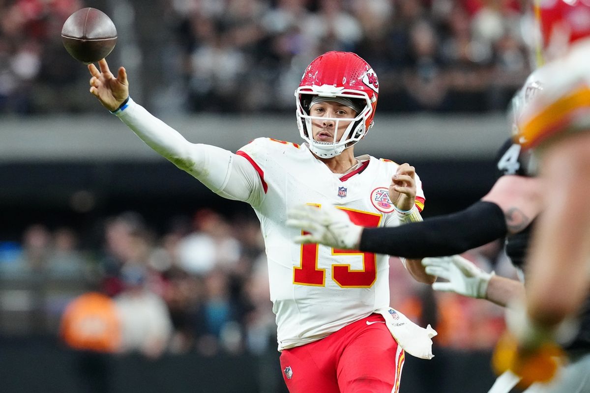 Oct 27, 2024; Paradise, Nevada, USA; Kansas City Chiefs quarterback Patrick Mahomes (15) makes a pass attempt against the Las Vegas Raiders during the fourth quarter at Allegiant Stadium. Mandatory Credit: Stephen R. Sylvanie-Imagn Images