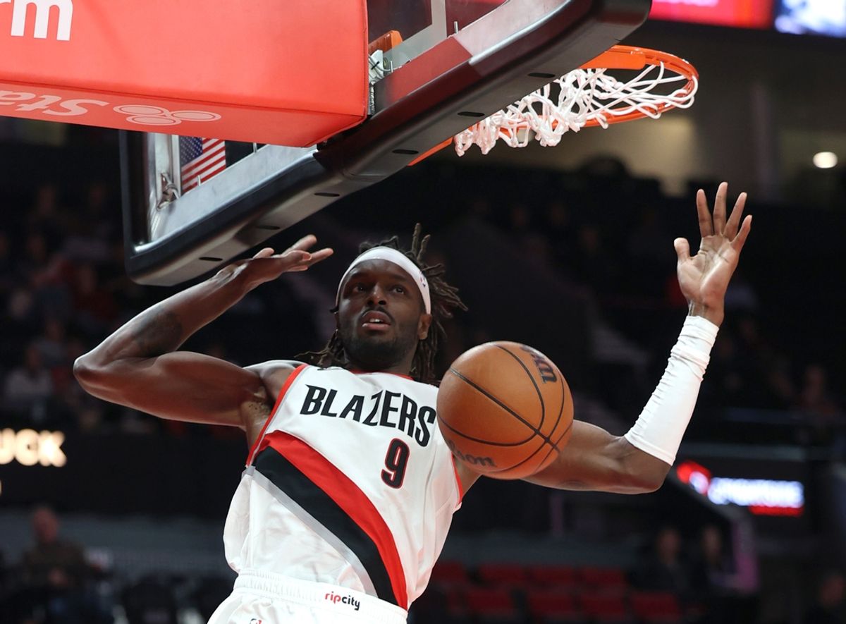 Oct 27, 2024; Portland, Oregon, USA; Portland Trail Blazers forward Jerami Grant (9) reacts after dunking the ball in the second half against the New Orleans Pelicans at Moda Center. Mandatory Credit: Jaime Valdez-Imagn Images