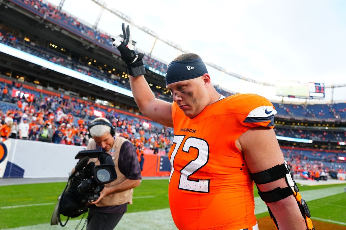 Oct 27, 2024; Denver, Colorado, USA; Denver Broncos offensive tackle Garett Bolles (72) following the win against the Carolina Panthers  at Empower Field at Mile High. Mandatory Credit: Ron Chenoy-Imagn Images