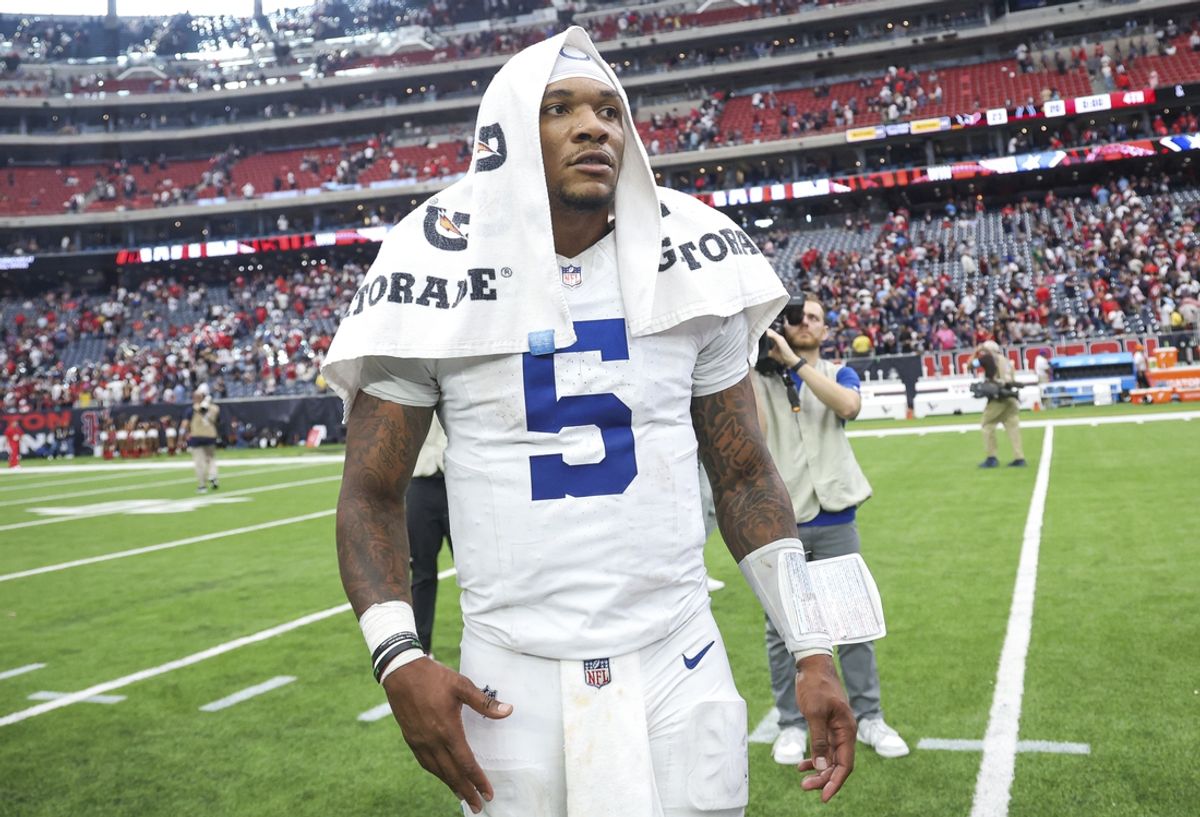 Oct 27, 2024; Houston, Texas, USA; Indianapolis Colts quarterback Anthony Richardson (5) stands on the field after the game against the Houston Texans at NRG Stadium. Mandatory Credit: Troy Taormina-Imagn Images