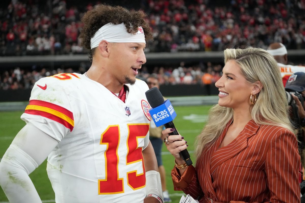 Oct 27, 2024; Paradise, Nevada, USA; Kansas City Chiefs quarterback Patrick Mahomes (15) is interviewed by CBS Sports reporter Melanie Collins after the game against the Las Vegas Raiders at Allegiant Stadium. Mandatory Credit: Kirby Lee-Imagn Images