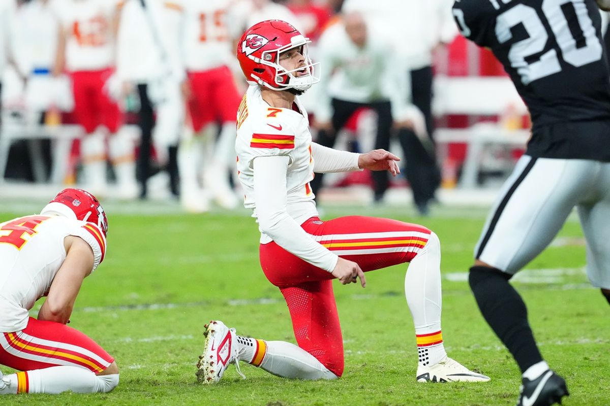 Oct 27, 2024; Paradise, Nevada, USA; Kansas City Chiefs place kicker Harrison Butker (7) kicks a field goal against the Las Vegas Raiders during the fourth quarter at Allegiant Stadium. Mandatory Credit: Stephen R. Sylvanie-Imagn Images