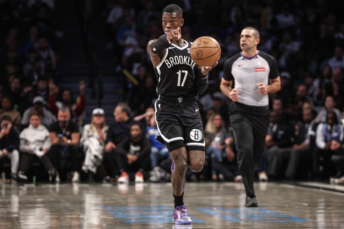 Oct 27, 2024; Brooklyn, New York, USA;  Brooklyn Nets guard Dennis Schroder (17) brings the ball up court in the fourth quarter against the Milwaukee Bucks at Barclays Center. Mandatory Credit: Wendell Cruz-Imagn Images