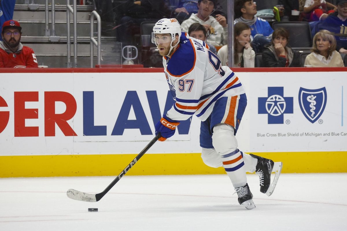 Oct 27, 2024; Detroit, Michigan, USA; Edmonton Oilers center Connor McDavid (97) handles the puck during the third period of the game against the Detroit Red Wings at Little Caesars Arena. Mandatory Credit: Brian Bradshaw Sevald-Imagn Images