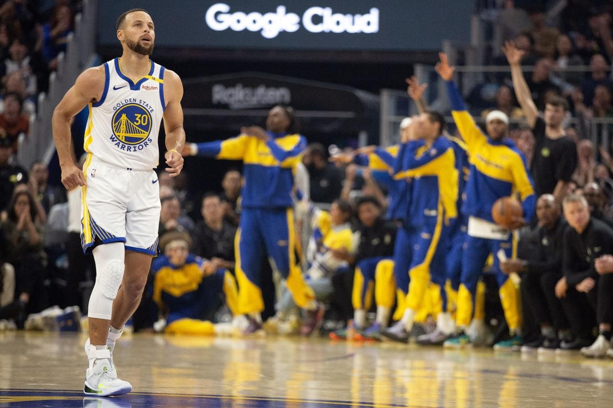 Oct 27, 2024; San Francisco, California, USA; Golden State Warriors guard Stephen Curry (30) backpedals on defense after sinking a three-point basket against the Los Angeles Clippers during the first quarter at Chase Center. Mandatory Credit: D. Ross Cameron-Imagn Images