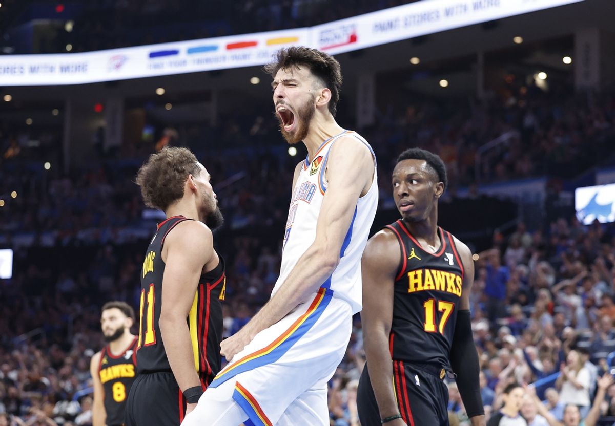 Oct 27, 2024; Oklahoma City, Oklahoma, USA; Oklahoma City Thunder forward Chet Holmgren (7) celebrates after dunking against the Atlanta Hawks during the second half at Paycom Center. Mandatory Credit: Alonzo Adams-Imagn Images