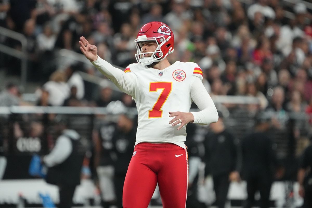Oct 27, 2024; Paradise, Nevada, USA; Kansas City Chiefs place kicker Harrison Butker (7) attempts a field goal against the Las Vegas Raiders in the second half at Allegiant Stadium. Mandatory Credit: Kirby Lee-Imagn Images