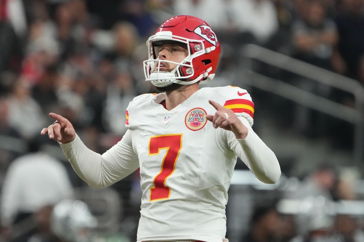 Oct 27, 2024; Paradise, Nevada, USA; Kansas City Chiefs place kicker Harrison Butker (7) reacts after a field goal against the Las Vegas Raiders in the second half at Allegiant Stadium. Mandatory Credit: Kirby Lee-Imagn Images