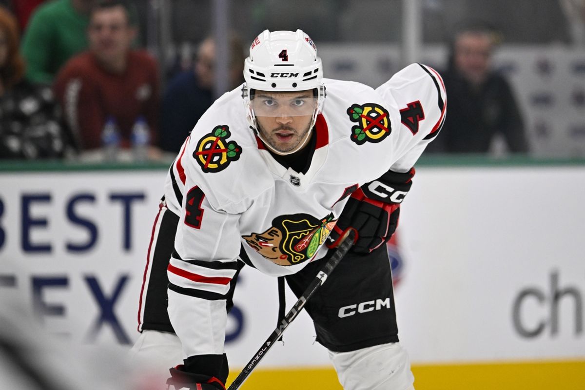 Oct 26, 2024; Dallas, Texas, USA; Chicago Blackhawks defenseman Seth Jones (4) in action during the game between the Dallas Stars and the Chicago Blackhawks at American Airlines Center. Mandatory Credit: Jerome Miron-Imagn Images