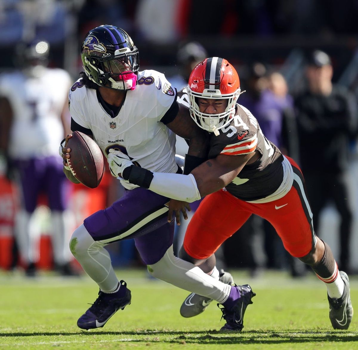 Cleveland Browns defensive end Ogbo Okoronkwo sacks Baltimore Ravens quarterback Lamar Jackson during the first half at Huntington Bank Field, Sunday, Oct. 27, 2024, in Cleveland.
