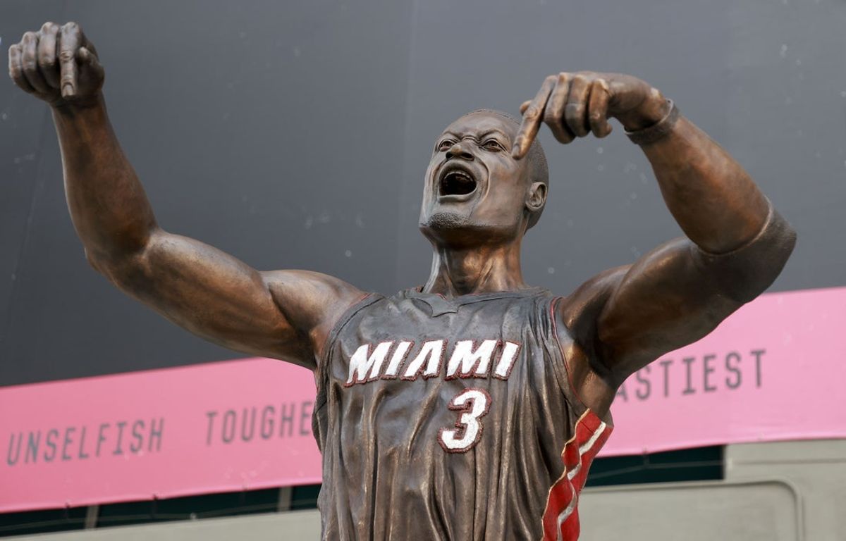 Oct 28, 2024; Miami, Florida, USA;  A general view of the new Dwyane Wade statue in front of the Kaseya Center. Mandatory Credit: Rhona Wise-Imagn Images