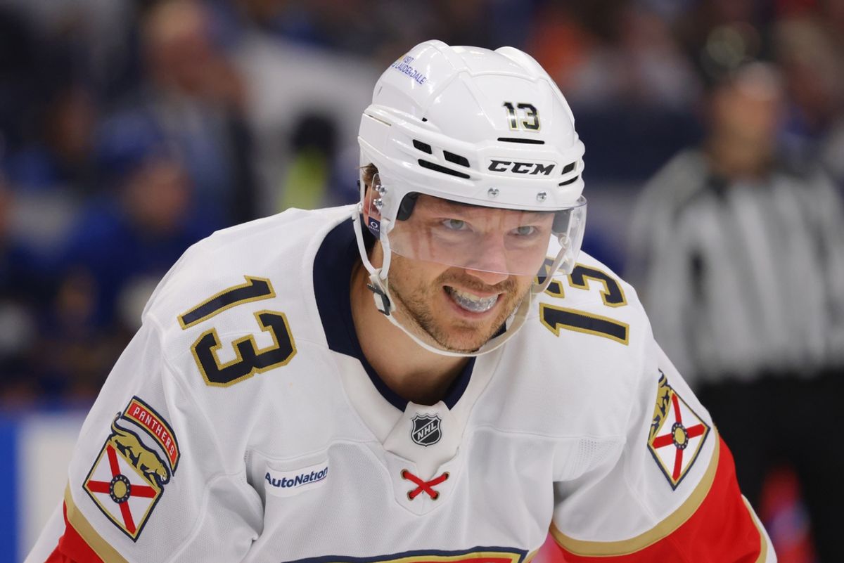Oct 28, 2024; Buffalo, New York, USA;  Florida Panthers center Sam Reinhart (13) waits for the faceoff during the first period against the Buffalo Sabres at KeyBank Center. Mandatory Credit: Timothy T. Ludwig-Imagn Images