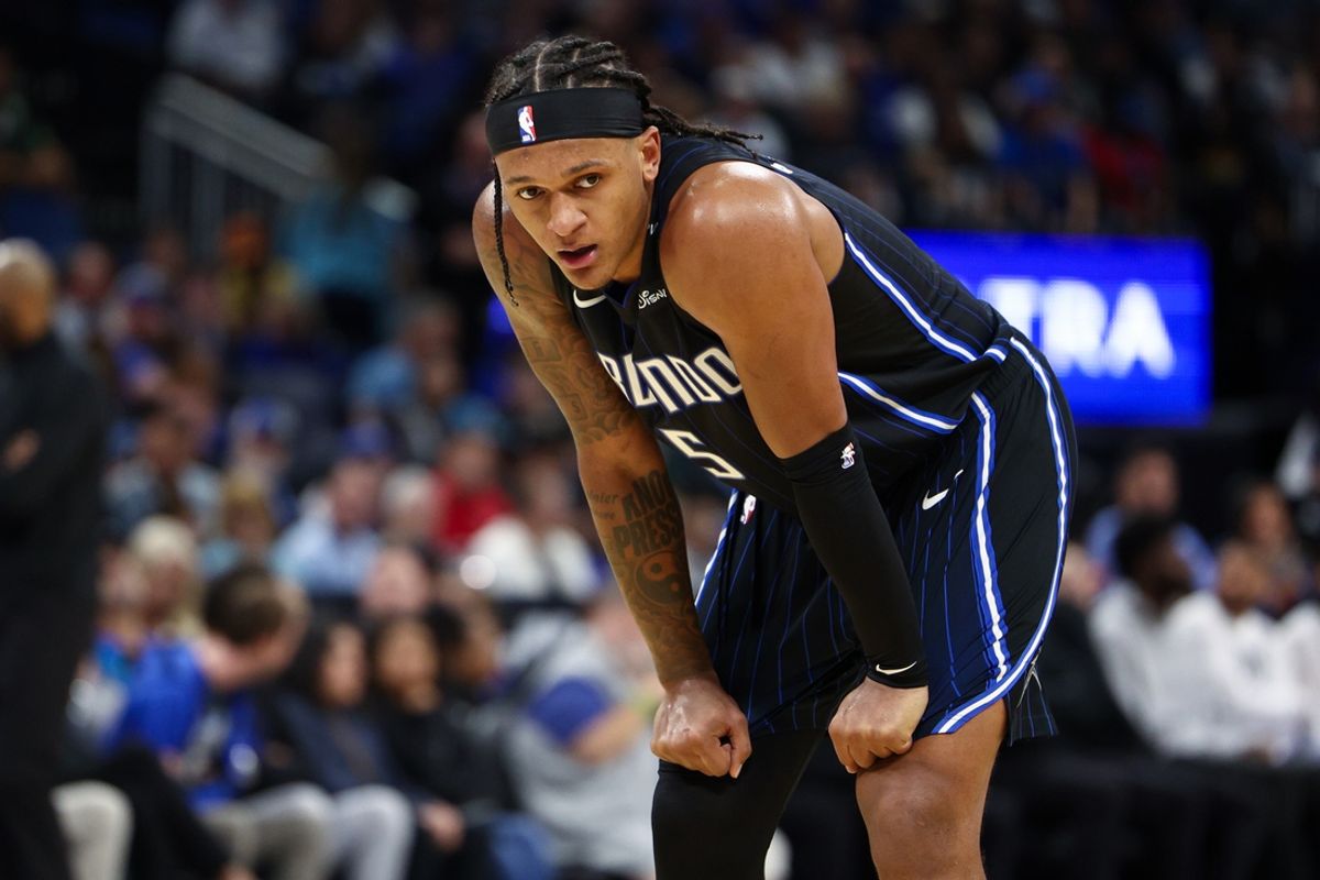 Oct 28, 2024; Orlando, Florida, USA; Orlando Magic forward Paolo Banchero (5) looks on against the Indiana Pacers in the second quarter at Kia Center. Mandatory Credit: Nathan Ray Seebeck-Imagn Images