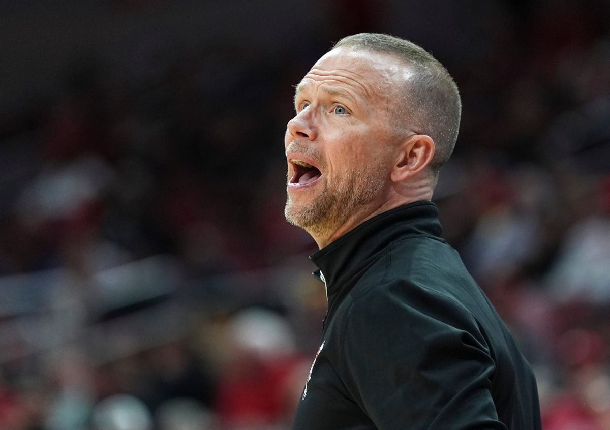 Louisville head coach Pat Kelsey in the Cards' second exhibition game at the KFC Yum! Center in Louisville, Kentucky Monday, Oct. 28, 2024.