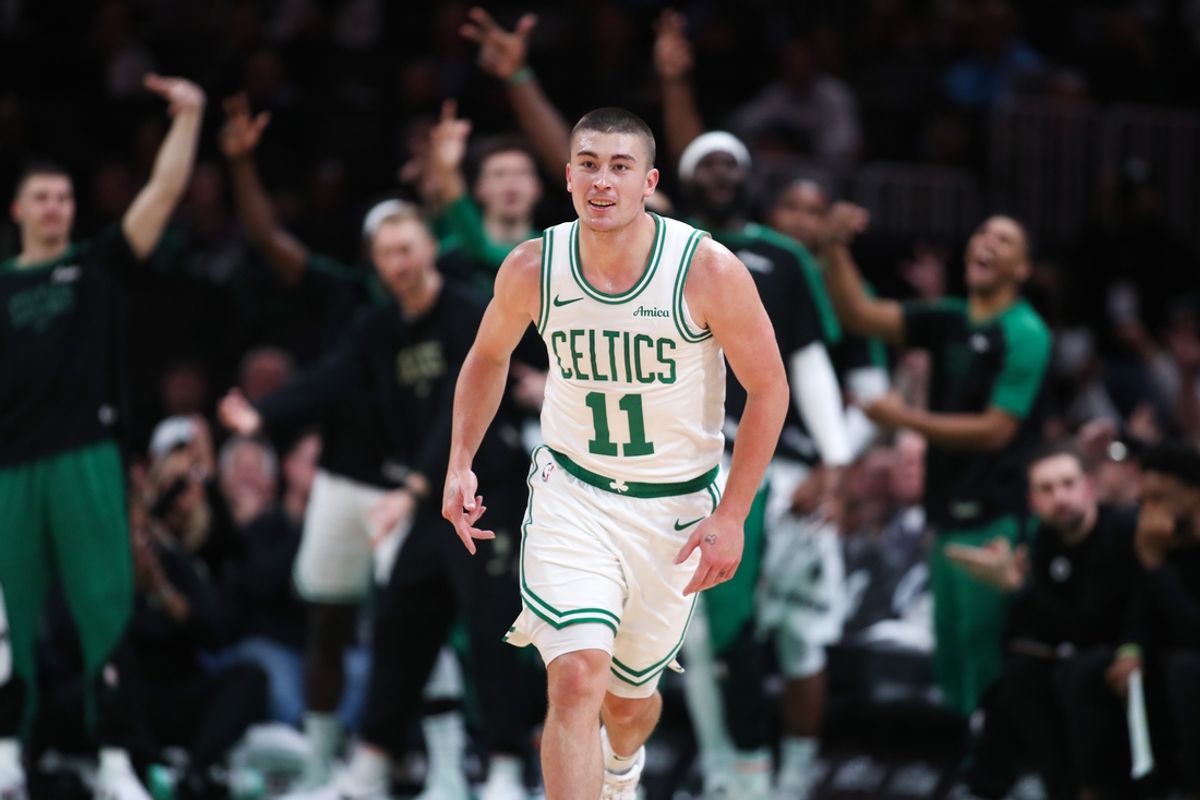 Oct 28, 2024; Boston, Massachusetts, USA; Boston Celtics guard Payton Pritchard (11) reacts after a shot during the first half against the Milwaukee Bucks at TD Garden. Mandatory Credit: Paul Rutherford-Imagn Images