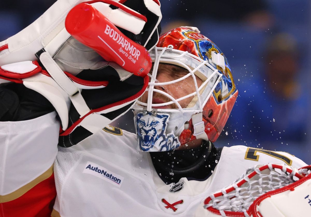 Oct 28, 2024; Buffalo, New York, USA;  Florida Panthers goaltender Sergei Bobrovsky (72) gets a drink during a stoppage in play against the Buffalo Sabres during the second period at KeyBank Center. Mandatory Credit: Timothy T. Ludwig-Imagn Images