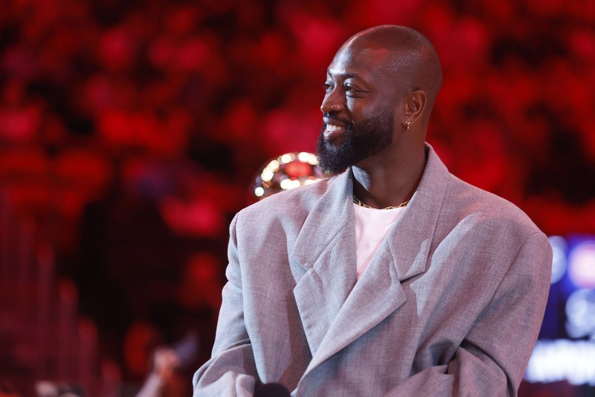 Oct 28, 2024; Miami, Florida, USA; Former Miami Heat guard Dwyane Wade is honored at halftime during the game against the Detroit Pistons at Kaseya Center. Mandatory Credit: Rhona Wise-Imagn Images