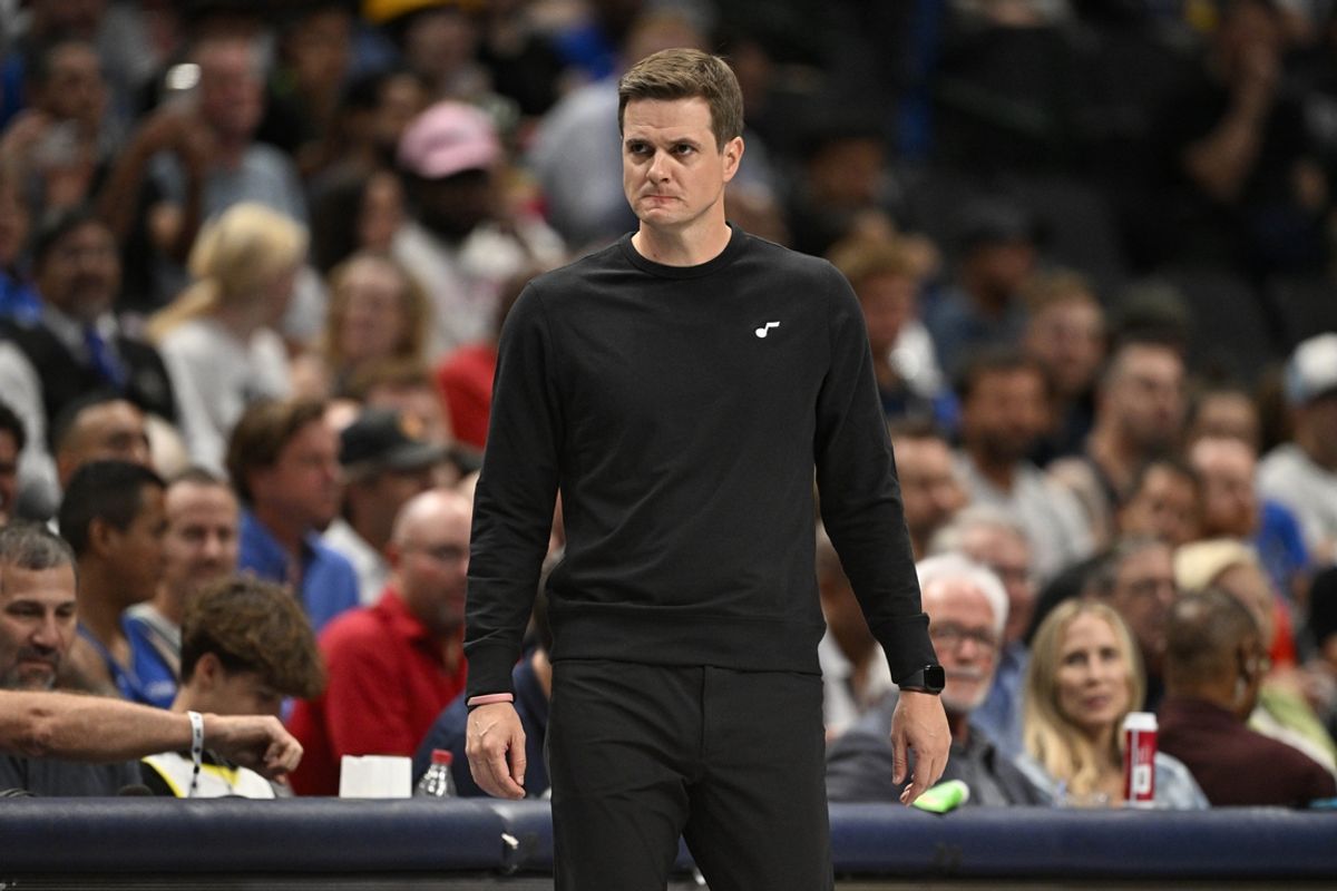 Oct 28, 2024; Dallas, Texas, USA; Utah Jazz head coach Will Hardy looks on during the second quarter against the Dallas Mavericks at the American Airlines Center. Mandatory Credit: Jerome Miron-Imagn Images