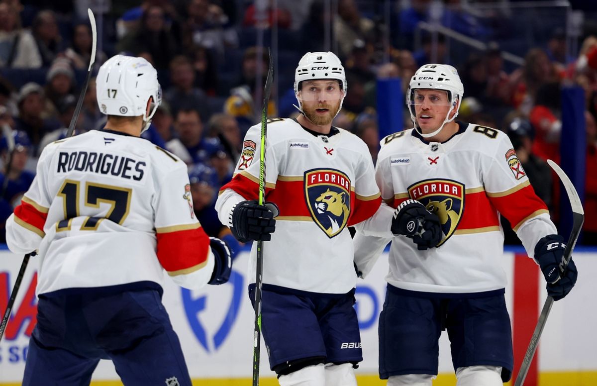 Oct 28, 2024; Buffalo, New York, USA;  Florida Panthers center Sam Bennett (9) celebrates his goal with teammates during the third period against the Buffalo Sabres at KeyBank Center. Mandatory Credit: Timothy T. Ludwig-Imagn Images