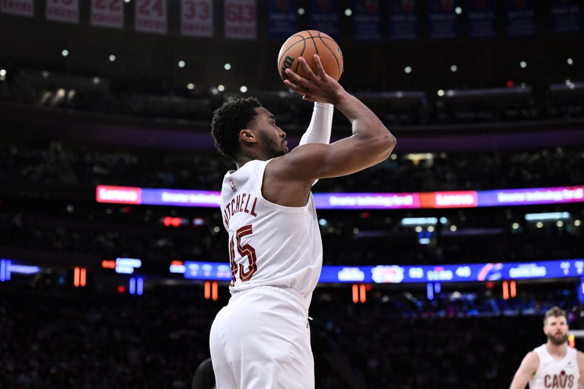 Oct 28, 2024; New York, New York, USA; Cleveland Cavaliers guard Donovan Mitchell (45) shoots the ball against the New York Knicks during the second half at Madison Square Garden. Mandatory Credit: John Jones-Imagn Images