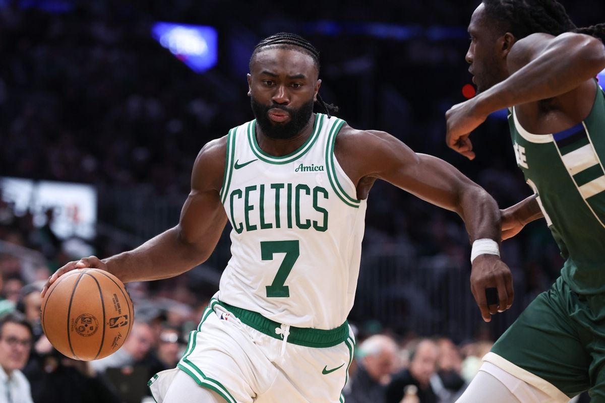 Oct 28, 2024; Boston, Massachusetts, USA; Boston Celtics forward Jaylen Brown (7) drives to the basket during the second half against the Milwaukee Bucks at TD Garden. Mandatory Credit: Paul Rutherford-Imagn Images